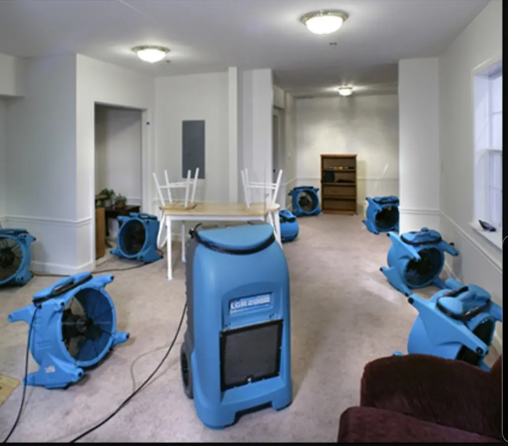 Air movers and dehumidifier setup for Water Extraction & Removal in Friendly